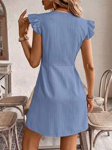 SHEIN Frenchy Women's Solid Color Flutter Sleeve Single-Breasted Casual Dress - Blue - View 2