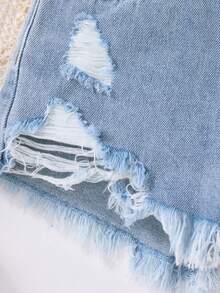 Young Girl' Blue Denim Ripped Shorts - Light Wash - View 7