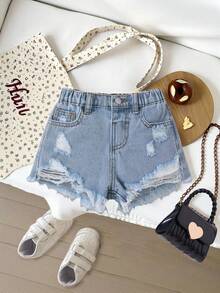 Young Girl' Blue Denim Ripped Shorts - Light Wash - View 8