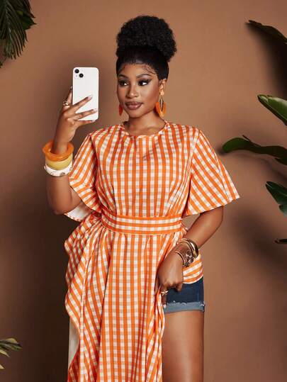 Maweii Plus Size Women's Orange & White Plaid Round Neck Short Sleeve Asymmetrical Ruffle Hem Tie-Front Long Shirt, Suitable For Vacation & Outdoor Wear