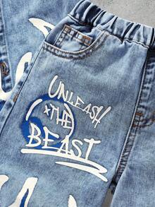 2pcs Young BoyFlame Print Blue Denim Short Sleeve Shirt And Shorts Set - Medium Wash - View 6