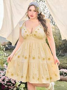 ROMWE Spring / Summer Fairycore Embroidered Sun & Leaf Cap Sleeve Dress, Elegant Vintage Plus Size Women Dress, Vacation - Beige - View 6