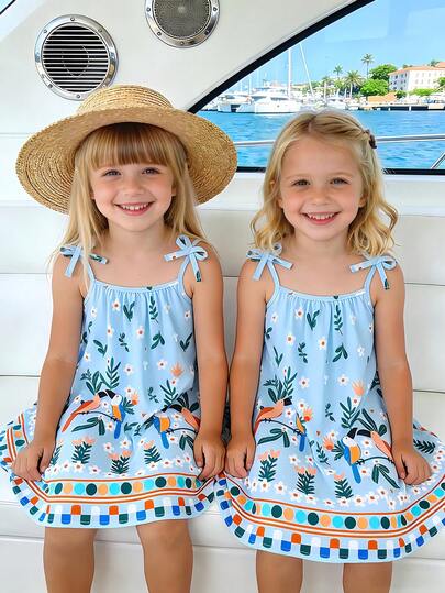 Đầm chữ A dễ thương, dây buộc nơ, họa tiết hoa viền gấu, chim và nhiệt đới dành cho bé gái (cỡ nhỏ).