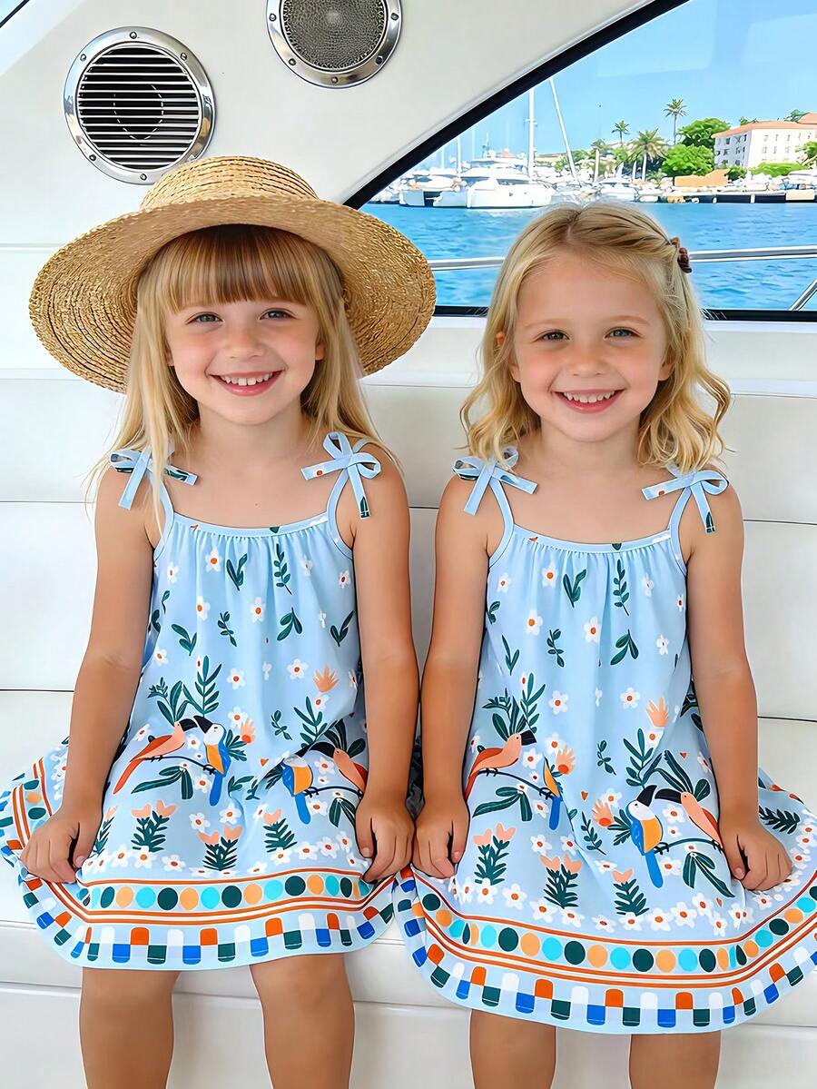 Đầm chữ A dễ thương, dây buộc nơ, họa tiết hoa viền gấu, chim và nhiệt đới dành cho bé gái (cỡ nhỏ). - Màu xanh lam - Xem 1