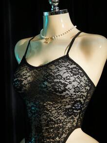 SHEIN Đồ lót liền thân ren gợi cảm màu trơn dành cho nữ khi đi chơi - màu đen - Xem 6