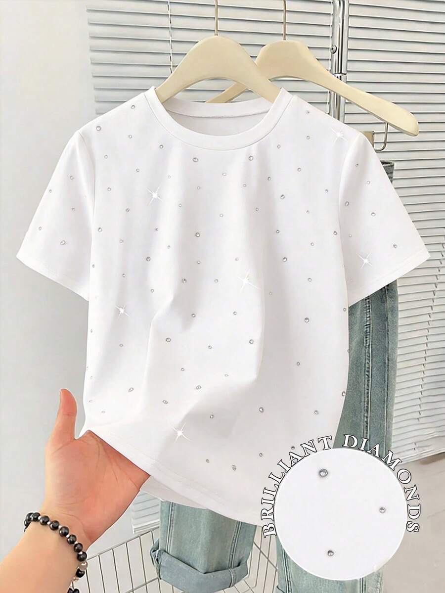 GlowEve CURVE Plus Size Women's Casual Elegant Solid Color Rhinestone Decor Round Neck Short Sleeve T-Shirt, Suitable For Daily Wear Tea Party White Summer - White - View 1