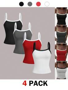 SHEIN Girlism Áo camisole thể thao mùa hè cho nữ tuổi teen, phối màu đen trắng hồng xanh dương, bộ 4 áo vest, áo thun tennis. - Nhiều màu - Xem 3