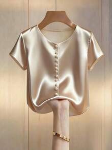 SHEIN PETITE Women's Elegant Summer Tea Party White And Gold Satin Blouse,Petite Round Neck Short-Sleeved Top With Pearl Embellishments,Formal Office Shirt - Champagne - View 1