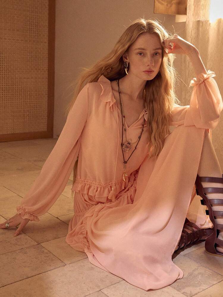 MOTF STUDIO WOMEN'S CHIFFON DRAWSTRING RUFFLE HEM DRESS