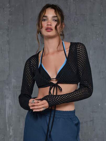 COUREZ Knitted Tie Front Cardi /Y2K Summer Clothes For Women Long Sleeve Tops Knitted Tops Black Tops Summer Tops Going Out Outfits Festival Outfits Spring Outfits For Women