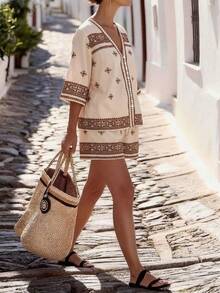 Weeklong Women's Printed Button-Up Cardigan And Shorts Two Pieces Casual Vacation Set, Spring/Summer - Multicolor - View 3