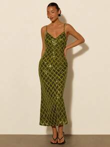 COSMINA Women's Sequin Mermaid Hem Elegant Spaghetti Strap Mid-Length Dress - Green - View 5