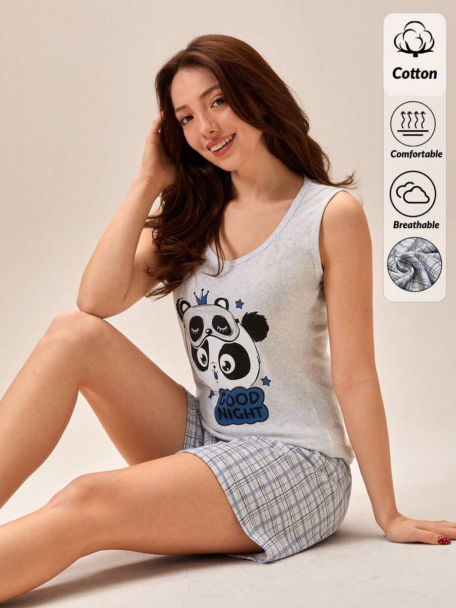 Loomlin 100%纯棉女士两件套睡衣套装，包括无袖熊猫卡通图案睡衣上衣和印有“晚安”字样的睡衣上衣，以及松紧腰带宽松舒适格子图案睡裤。