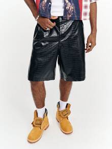 PAVTROS Men's Black Shorts, Crocodile Embossed PU Leather Shorts, Fashion Versatile Bermuda Shorts - Black - View 7