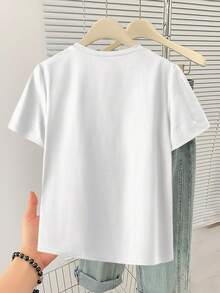 GlowEve CURVE Plus Size Women's Casual Elegant Solid Color Rhinestone Decor Round Neck Short Sleeve T-Shirt, Suitable For Daily Wear Tea Party White Summer - White - View 2