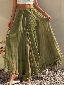 Livesso Chân váy chiffon màu xanh lá cây trơn, phong cách bohemian, thoải mái, đi nghỉ mát, kiểu dáng chữ A thanh lịch, thắt eo dành cho nữ. - Màu xanh Ô liu - Xem 3