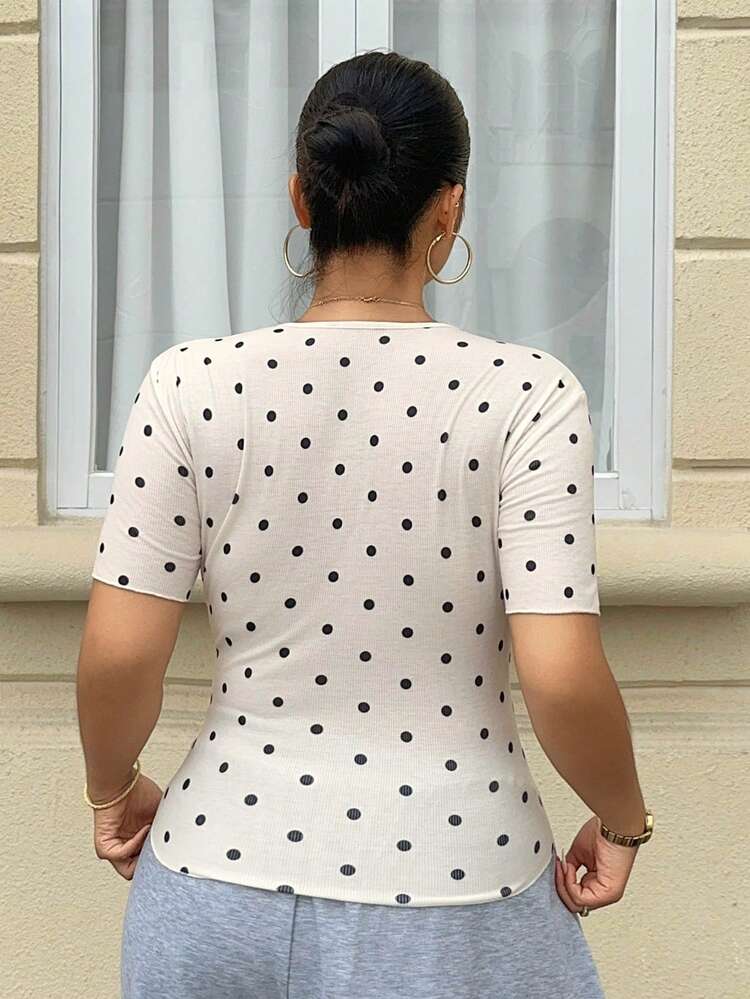 Dazy Plus Spring/Summer Fashion Tight Fitting Top, New Slim Fit Polka Dot Plus Size White Undershirt T-Shirt For Women