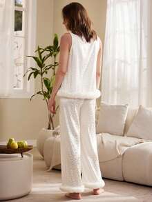 Women's Leopard Print Fuzzy Trim Sleeveless Top And Pants Pajama Set - Beige - View 2