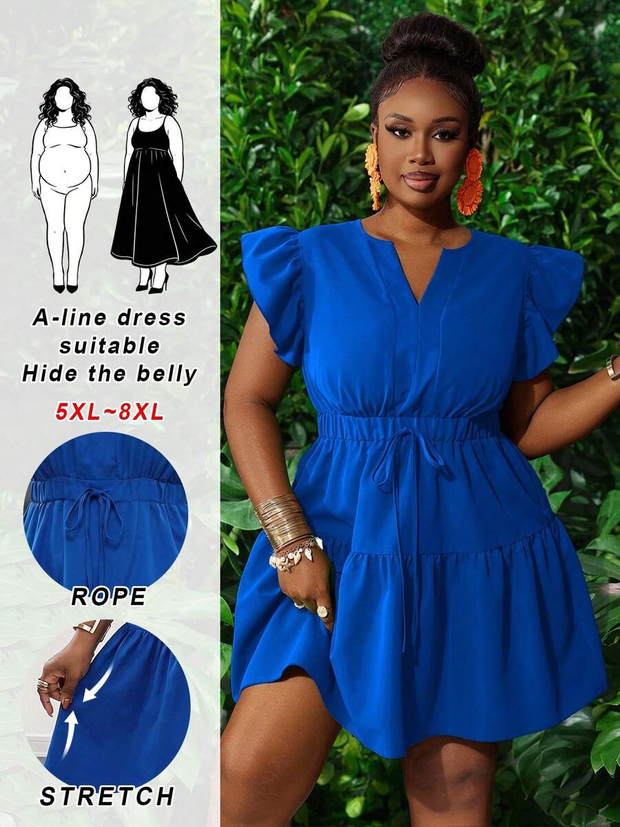 SHEIN CURVE+ Đầm nữ cỡ lớn mùa hè, kiểu dáng thường ngày, màu trơn, cổ chữ V, bèo nhún, tay áo, thắt eo. - Màu xanh lam - Xem 1
