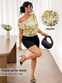 Lounesse Áo kiểu dáng sang trọng đính sequin, màu trơn, vai lệch, dành cho nữ, cỡ lớn. - Vàng - Xem 6