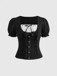 ROMWE Kawaii Sweet Girl 2 In 1 Petal Sleeve Black & White Blouse For Women - Black - View 1