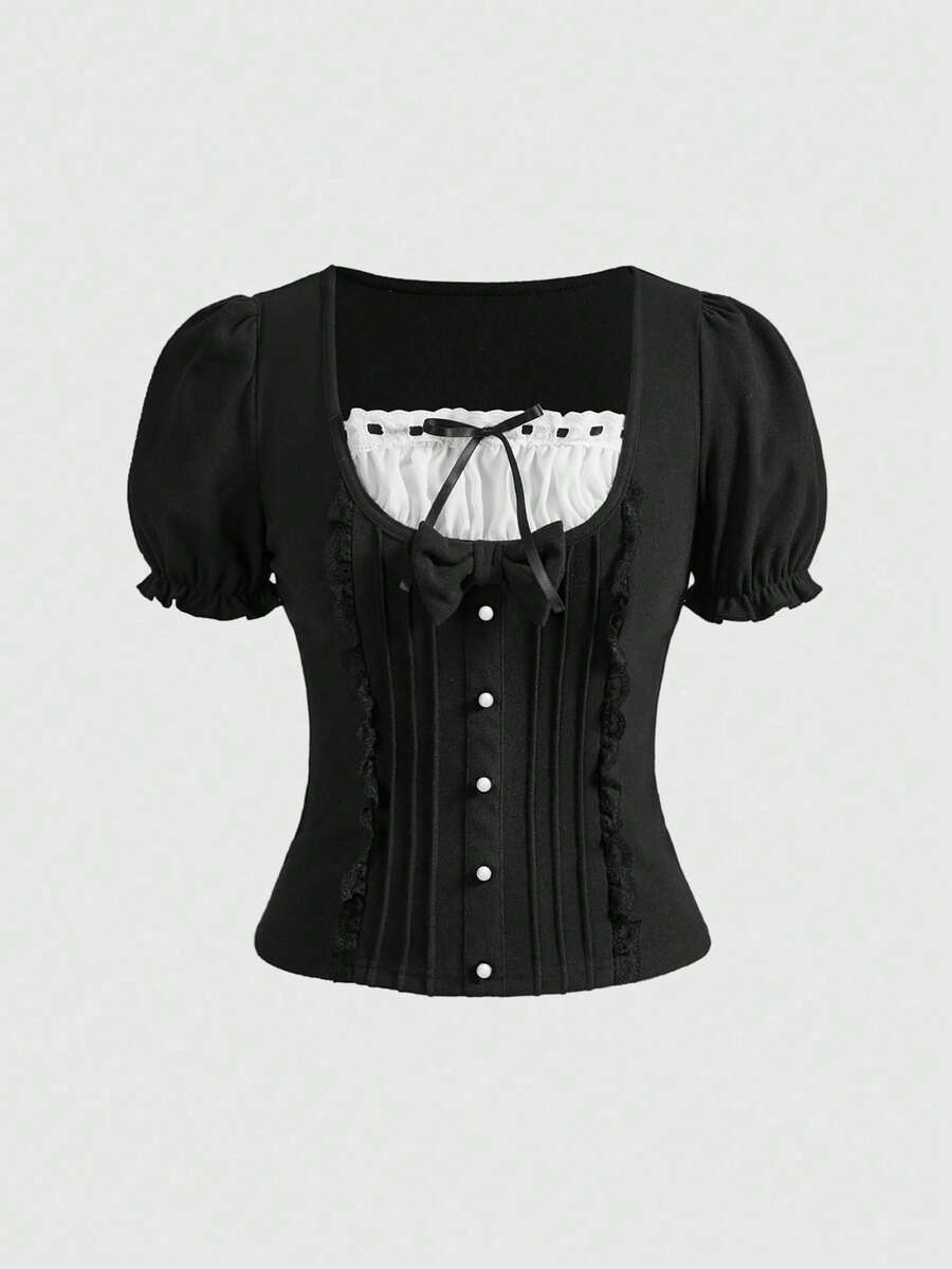 ROMWE Kawaii Sweet Girl 2 In 1 Petal Sleeve Black & White Blouse For Women - Black - View 1