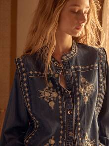 MOTF STUDIO WOMEN'S DENIM EMBROIDERED RUFFLE SLEEVE LOOSE BLOUSE, SPRING/AUTUMN - Medium Wash - View 3