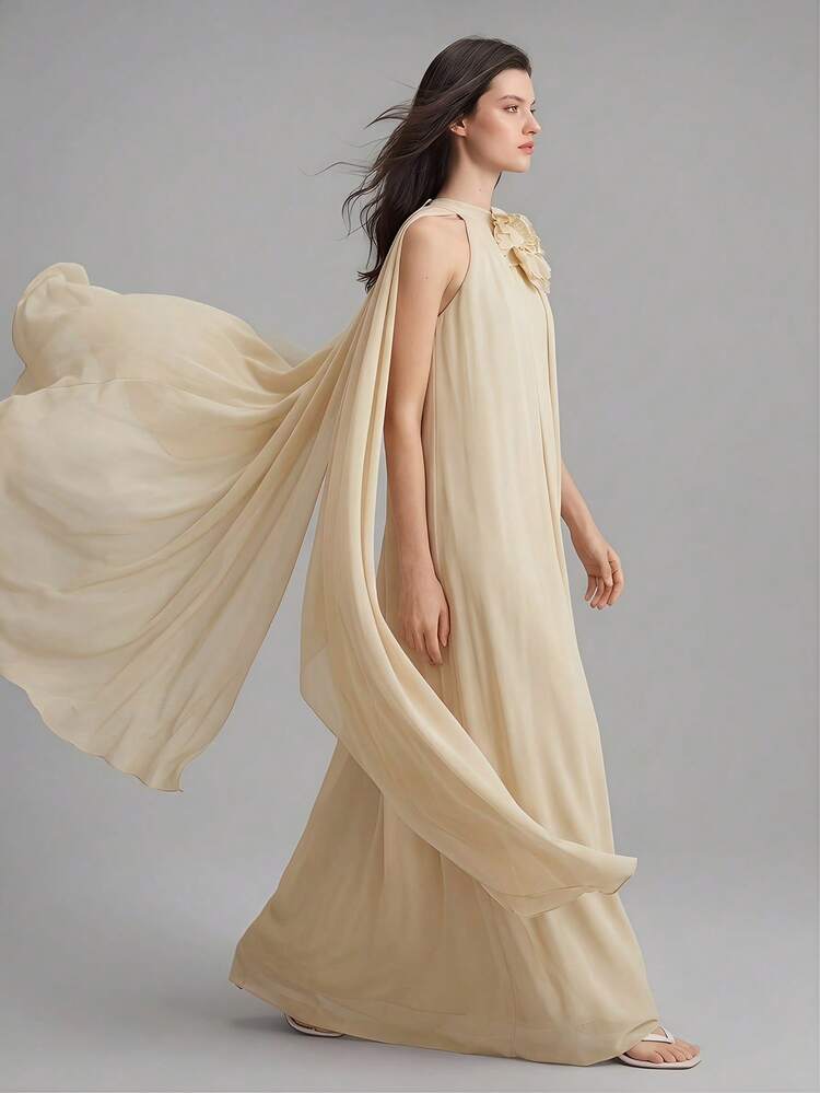2026SS New Extra Long Dress, Bestselling Solid Apricot Maxi Dress, Suitable For Wedding Guest, Romantic Date, Women's Outerwear, Women's Chiffon 3D Floral Decor Ruffle Halter Maxi Dress, Party Evening Gown, Wedding Season Dress, Elegant Women's Attire, Fashionable Versatile Women's Maxi Dress