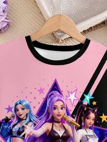 Idol Girl Group Digital Print Colorblock T-Shirt Dress, Pink And Black, Fashionable Casual Outfit For Girls, Suitable For Spring/Summer - Hot Pink - View 3