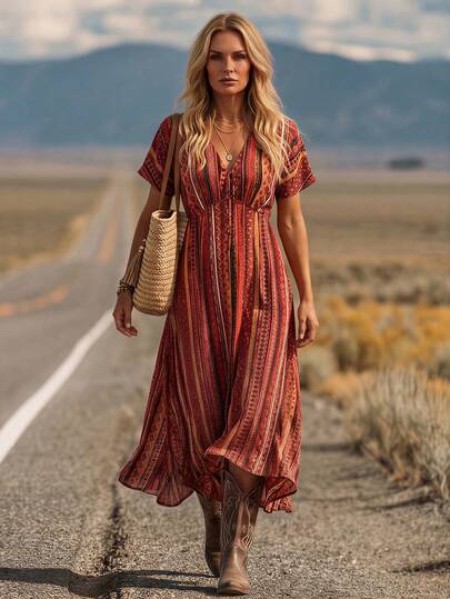 LanaWest 女士印花V领蝴蝶结蝙蝠袖短袖收腰A字夏季西部乡村休闲连衣裙