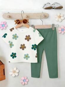 SHEIN Vintaside Kids Bộ đồ cho bé gái gồm áo thun ngắn tay in hoa và quần legging màu trơn, trang phục dễ thương cho những chuyến đi chơi mùa hè. - Nhiều màu - Xem 5