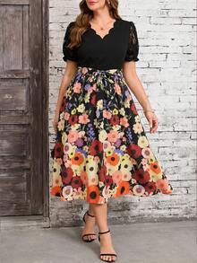 Reflora Plus Size Elegant Black Summer Tea Party Floral Print Dress For Women,Lace Patchwork Retro Wedding Guest Graduation Outfit,Casual Vacation Beach Dress - Multicolor - View 5