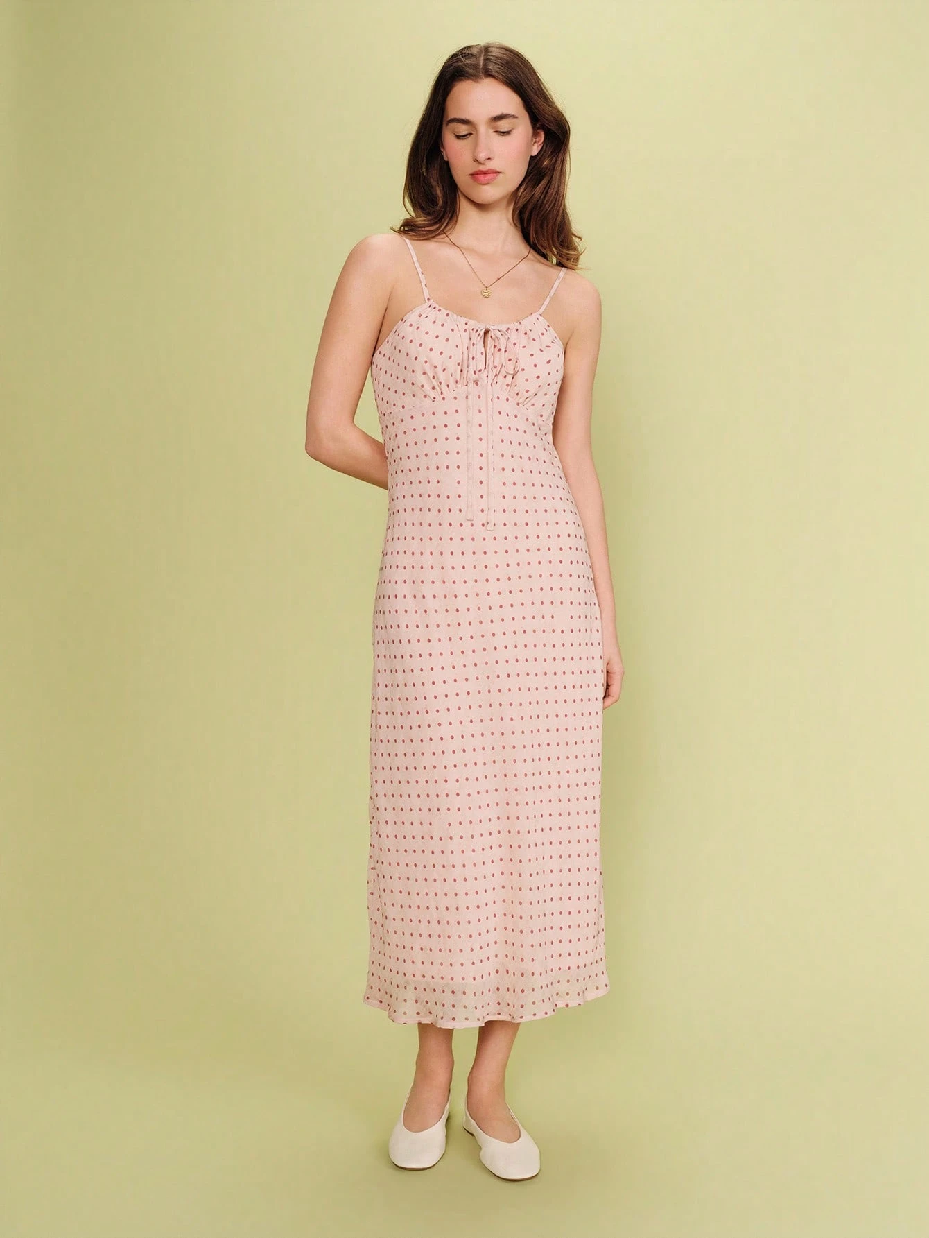 Pink Polka Dot Midi Dress With Front Keyhole And Gathered Bust Detail Spring Summer Casual Holiday Dress French Style Vacation Dress Polkadot Dress