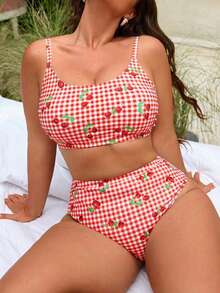 Swim Mod Plus Size 2pcs Gingham & Cherry Print Scoop Neck Top With High Waist Bottoms Swimwear Set, Suitable For Summer Beach & Vacation - Red and White - View 1