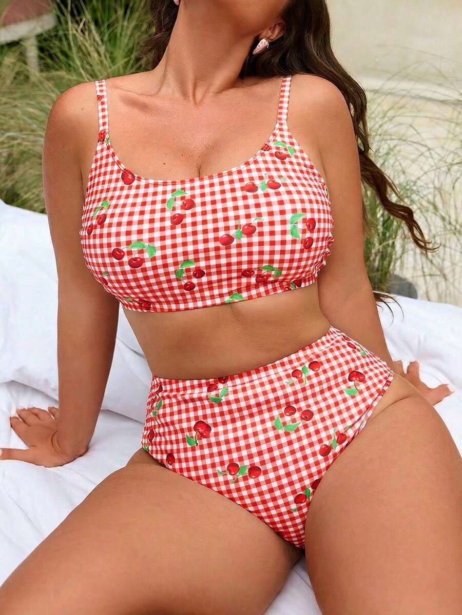 Swim Mod Plus Size 2pcs Gingham & Cherry Print Scoop Neck Top With High Waist Bottoms Swimwear Set, Suitable For Summer Beach & Vacation - Red and White - View 1