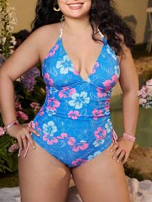 Swim Mod 2026 New Plus Size Women 2 Pieces Random Print Elegant Drawstring Casual One-Piece Swimwear, Summer - Blue - View 4