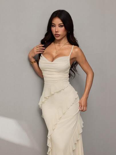 SHEIN PETITE 女士优雅性感浪漫荷叶边腰部深V领露背连衣裙，适合约会、毕业典礼、舞会、春夏穿着