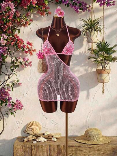 Amplova Women's Sexy Hollow-Out Starfish Swimsuit Cover-Up, Revealing Chest Design, Suitable For Vacation, Cute Mini Backless Dress For Summer Beach