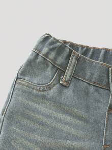 SHEIN Playful Pals Quần jean xanh đơn giản, thoải mái, dễ mặc, phong cách đường phố Y2K cho bé gái, thích hợp mặc hàng ngày - Rửa nhẹ - Xem 6