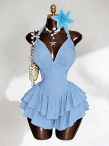 Sunspun 性感深V领露背荷叶边连体裤，黄色连体裤，优雅派对连体裤，夏季连体裤，夏季度假装，女士沙滩装，度假连体裤，女士休闲连体裤，紧身连体裤 - 淺藍色 - 查看 1