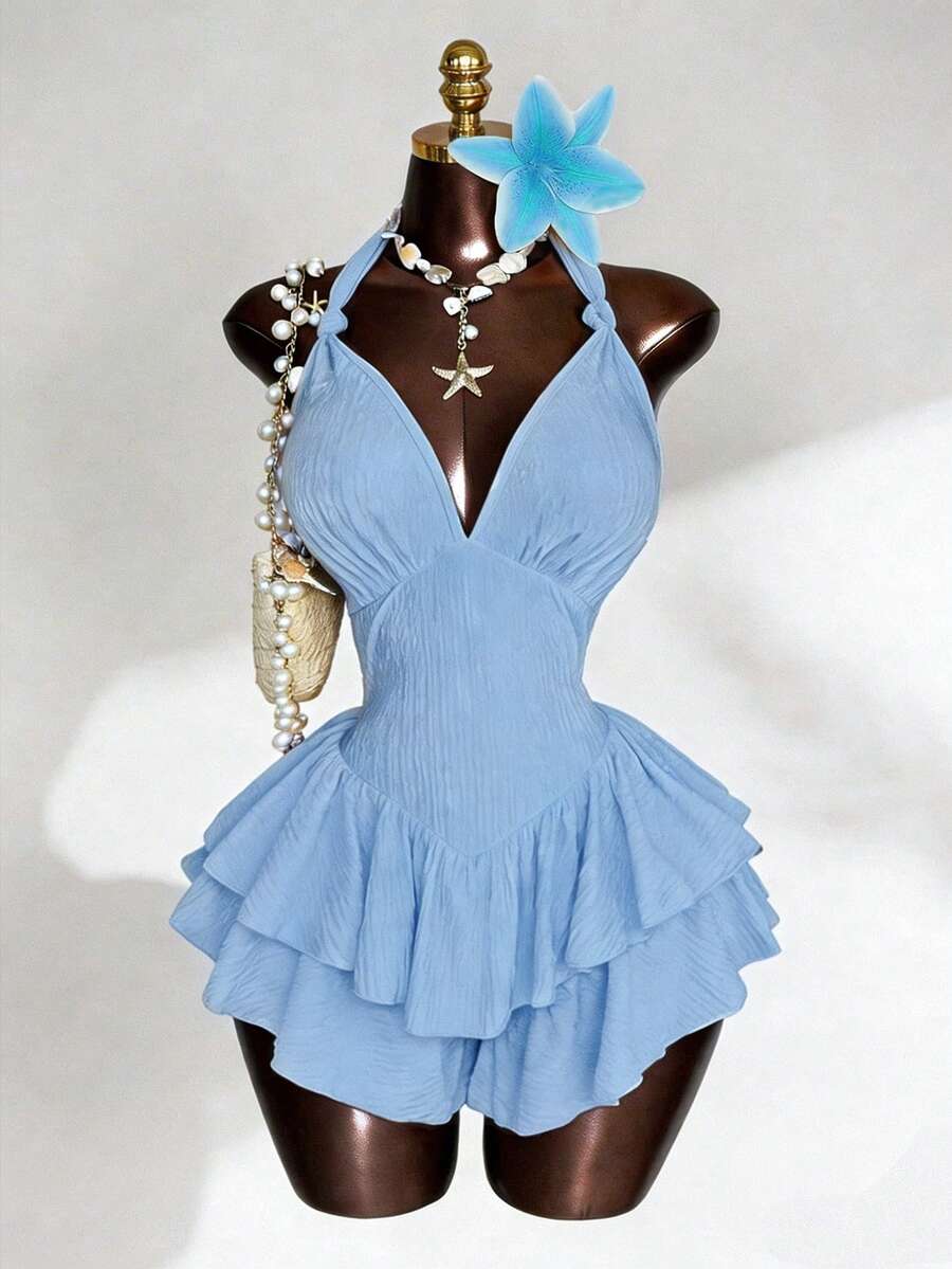 Sunspun 性感深V领露背荷叶边连体裤，黄色连体裤，优雅派对连体裤，夏季连体裤，夏季度假装，女士沙滩装，度假连体裤，女士休闲连体裤，紧身连体裤 - 淺藍色 - 查看 1