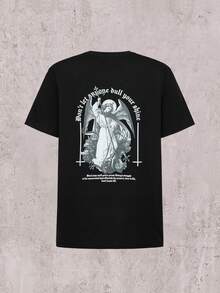 Camiseta casual de cuello redondo de manga corta con estampado de lema para hombres - Negro - Ver 1