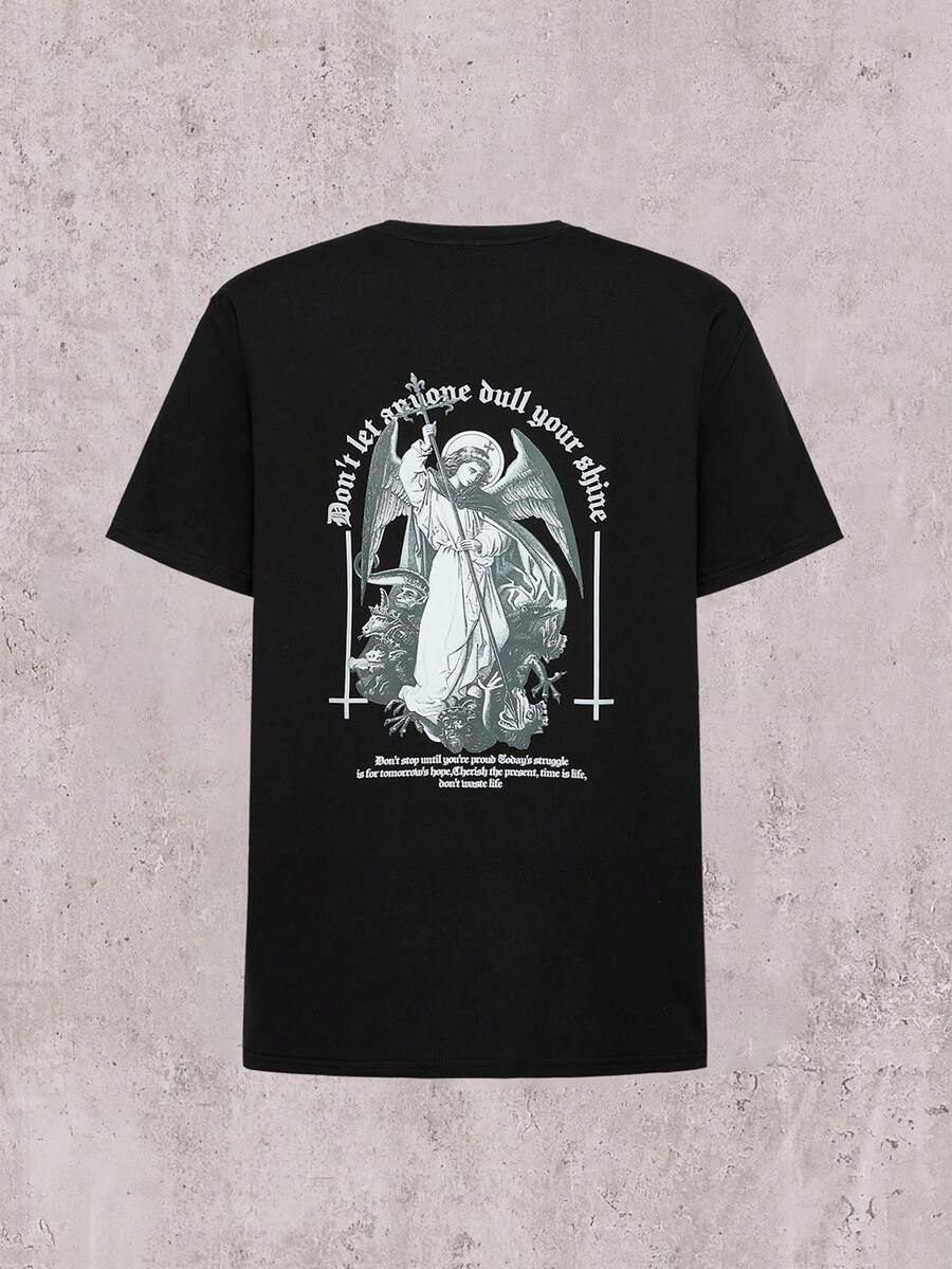 Camiseta casual de cuello redondo de manga corta con estampado de lema para hombres - Negro - Ver 1