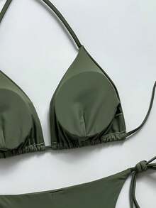 Swim Mod Women's Summer Beach Solid Color Halter Tie Sexy Bikini And Triangle Panty Swimsuit Set Bathing Suit Bikinis Set For Women 2 Piece Set Bikinis For Women - Army Green - View 5