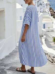 SHEIN Holidaya Đầm nữ dáng rộng thoải mái, họa tiết sọc xanh trắng kiểu retro, thích hợp cho kỳ nghỉ hè. - Màu xanh lam - Xem 2