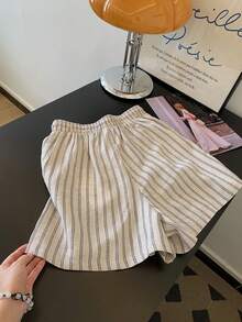 SHEIN Frenchy Quần short nữ cạp chun kẻ sọc, kiểu dáng thường ngày, đa năng, có dây rút. - Màu be - Xem 8