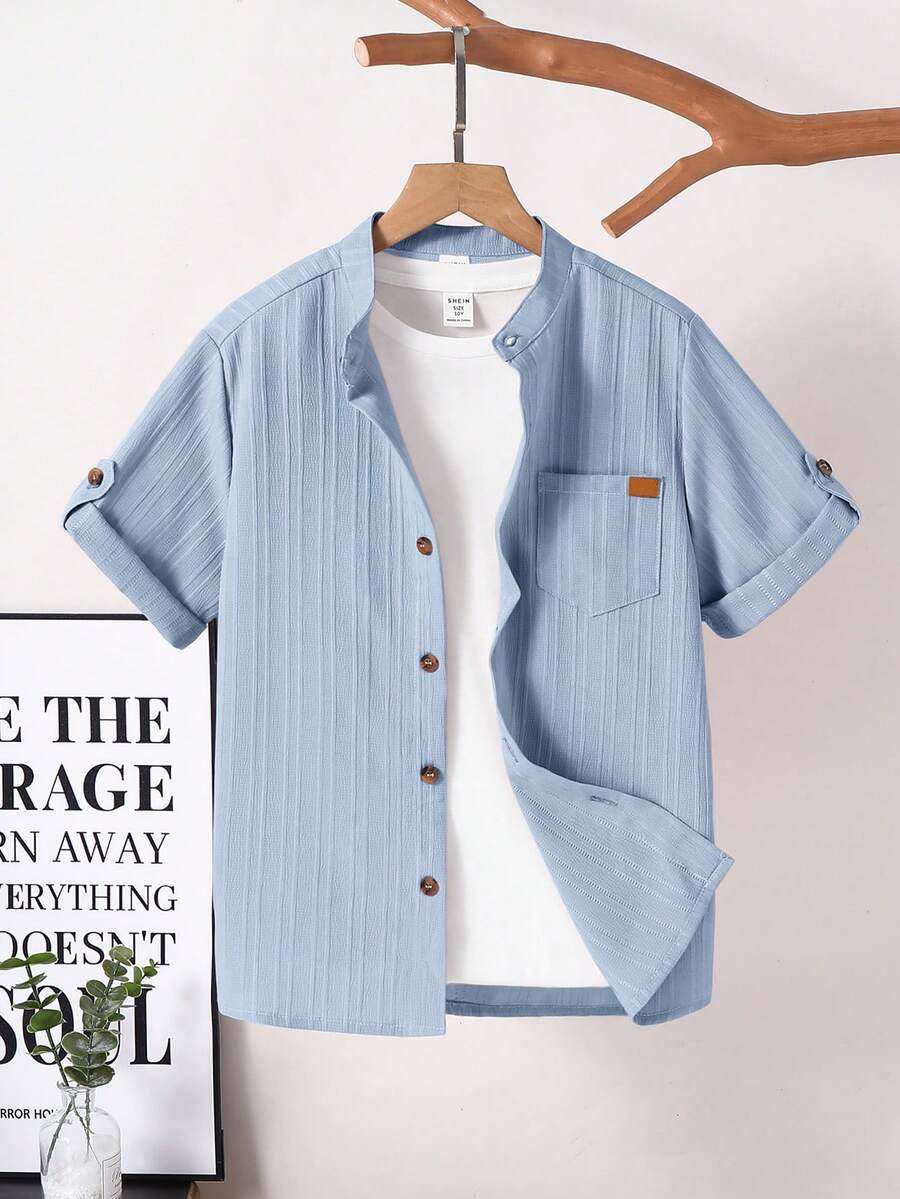 Tween Boy Textured Versatile Collared Short Sleeve Shirt - Baby Blue - View 1