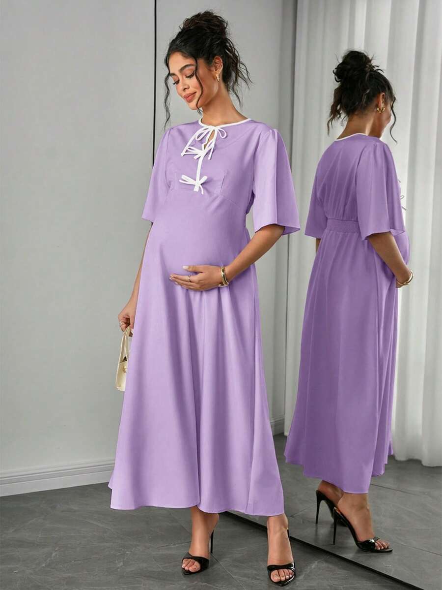 SHEIN 撞色蝴蝶结喇叭形休闲短袖连衣裙 - 淡紫色 - 查看 1