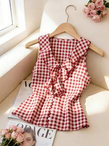 Rafferiza 女士休闲度假风红色格子荷叶边V领无袖衬衫 - 紅色 - 查看 1