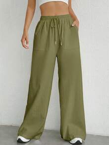 SHEIN Tall CURVE Plus Size Drawstring Waist Wide Leg Pants Fall - Army Green - View 3